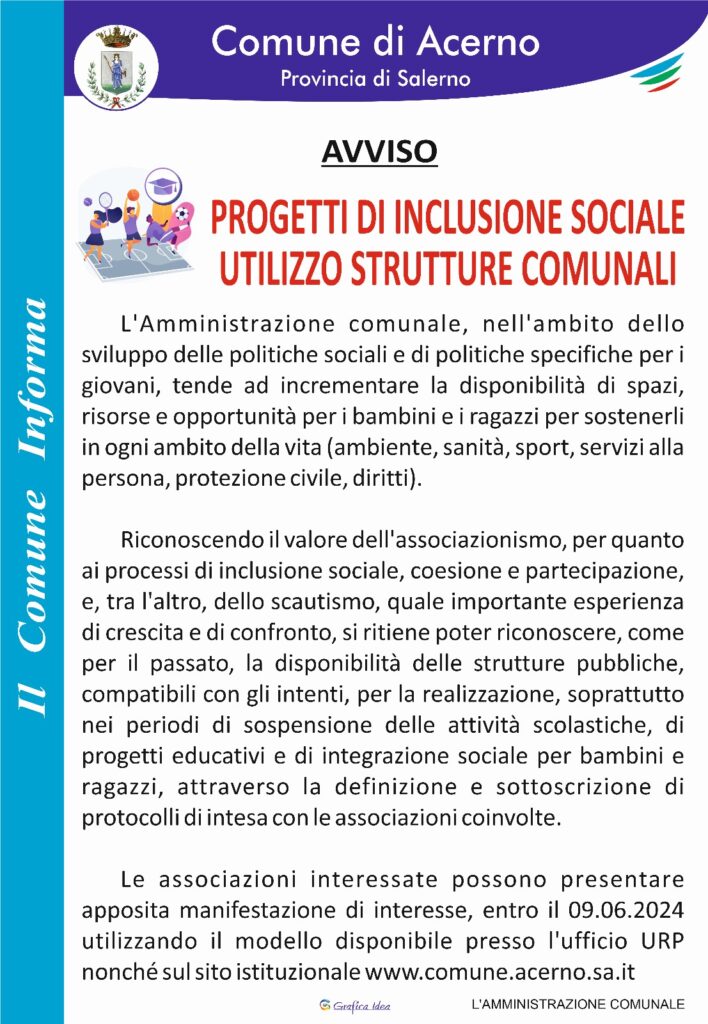 MANIFESTO PROGETTI DI INCLUSIONE SOCIALE 2024 UTILIZZO STRUTTURE COMUNALI