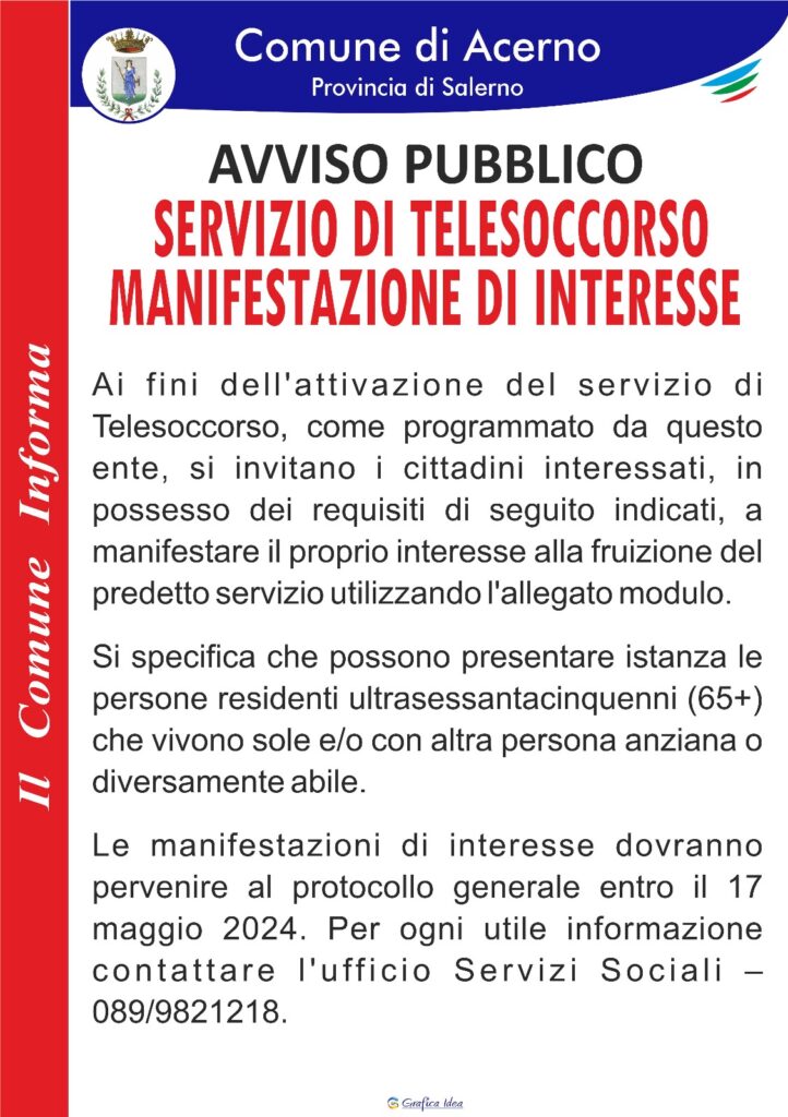 Avviso Servizio di Telesoccorso Manifestazione d’interesse