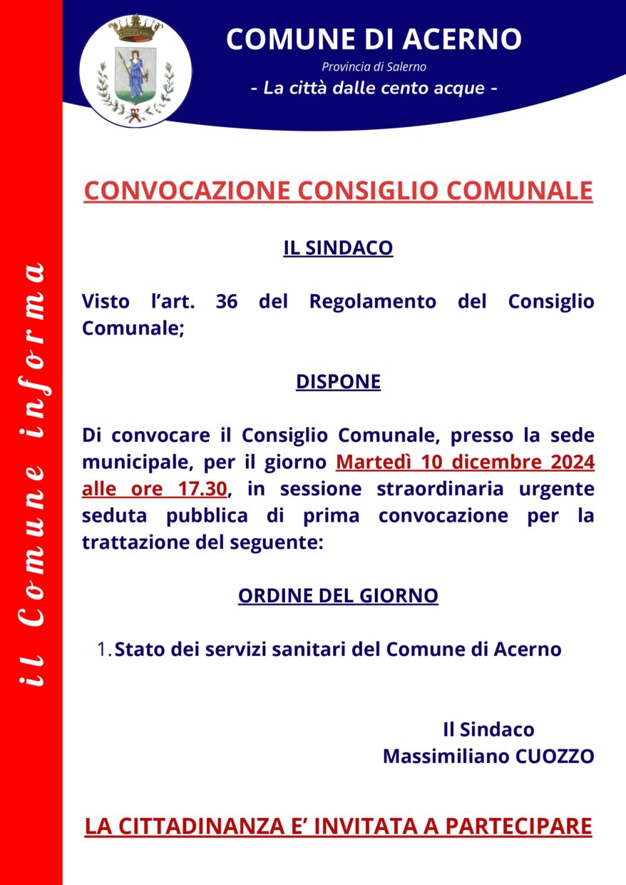 Convocazione consiglio comunale sullo stato dei servizi sanitari ad Acerno